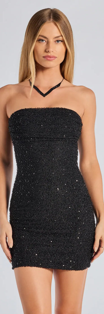 Own the dance floor in the Lena Strapless Bodycon Beaded Mesh Mini Dress, a feed-worthy black prom dress that makes every move, post, and memory seriously unforgettable.