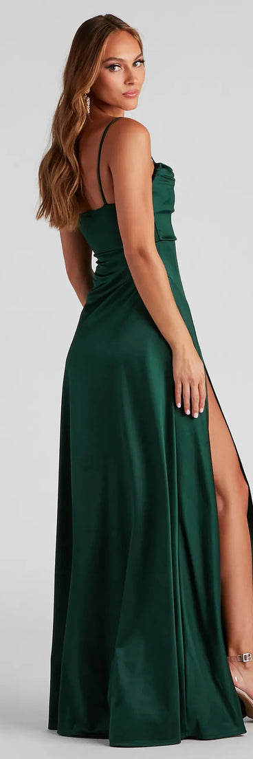 Feel ready for every dance floor moment or feed-worthy reel in the Marissa Formal Satin Cowl Neck Dress, a hunter green homecoming dress designed to own your moment.