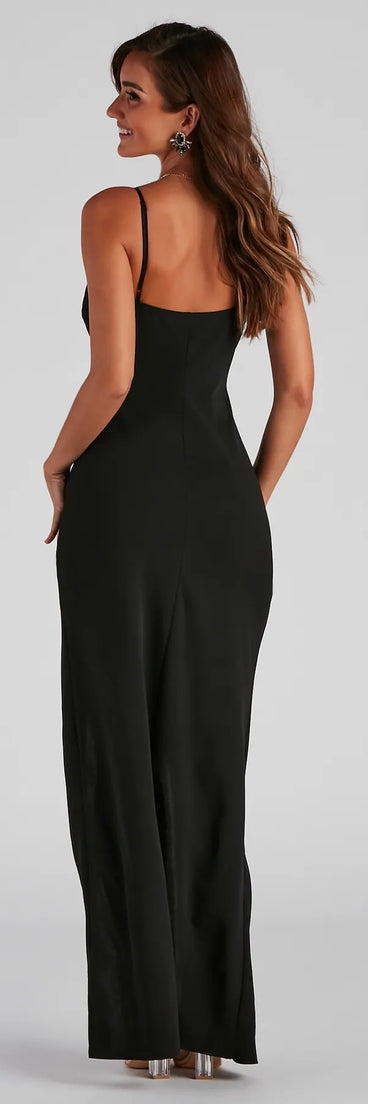 Sasha Formal High Slit Wrap Dress in black, a stunning maid-of-honor dress with a flattering fit and romantic details, perfect for spring wedding themes.