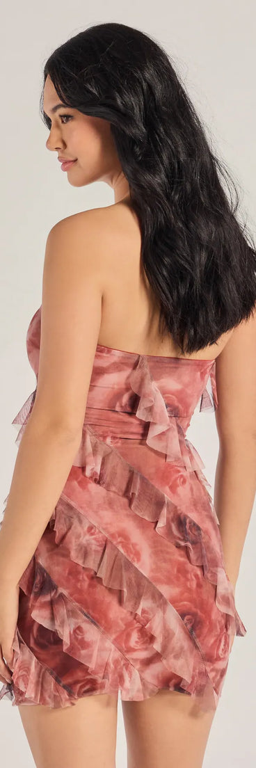 Own every entrance in the Blooming Floral Print Ruffled Mesh Mini Dress, a red party dress perfect for milestone birthdays and grad parties, or dancing through summer nights and unforgettable bachelorette celebrations.