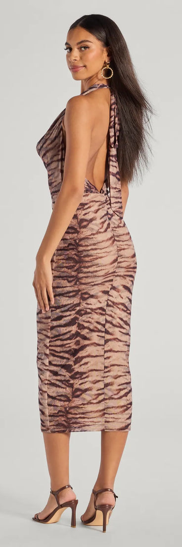 Own every entrance in the Sultry And Sassy Zebra Print Halter Midi Dress, a brown party dress perfect for milestone birthdays and grad parties, or dancing through summer nights and unforgettable bachelorette celebrations.