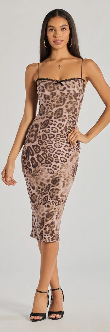 The Spot On Style Leopard Print Midi Dress is a stylish leopard print lace dress, designed with intricate lace and an alluring silhouette, making it an elegant choice for bridal shower attire, a wedding guest dress, or effortless summer looks.