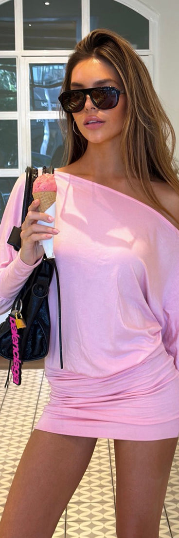 Shop a mini dress like the All Yours Off-Shoulder Mini Dress in pink with a curve-hugging shape, playful length, and chic detail for any occasion.