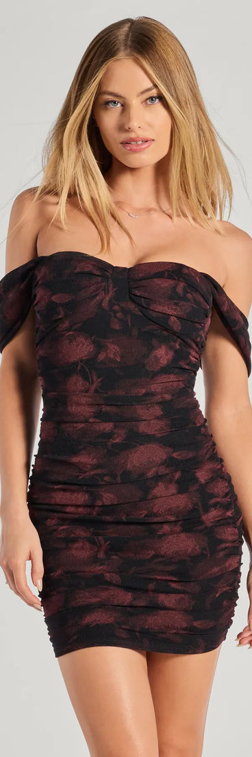 Floral Aura Ruched Mini Dress, a trendy black mini dress featuring modern details and a fresh seasonal hue, perfect for creating chic 2025 looks.