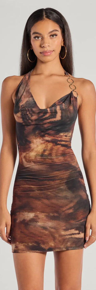Fierce Look Animal Print Mesh Halter Mini Dress, a trendy multi-color mini dress featuring modern details and a fresh seasonal hue, perfect for creating chic 2025 looks.