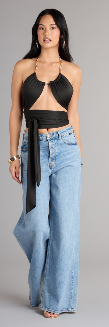 Trendy women’s tops, like the Chain Reaction Wrap Halter Top, bring effortless style for seasonal layering, lounging, or going out.