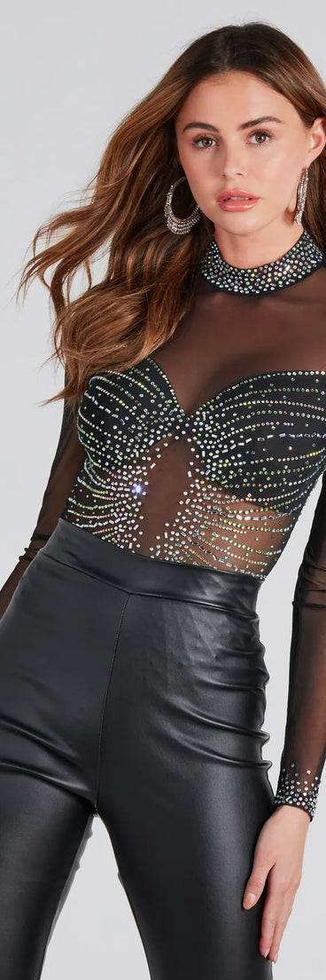 Rising Star Rhinestone Mock Neck Mesh Bodysuit