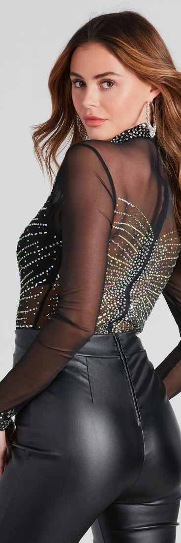 Rising Star Rhinestone Mock Neck Mesh Bodysuit