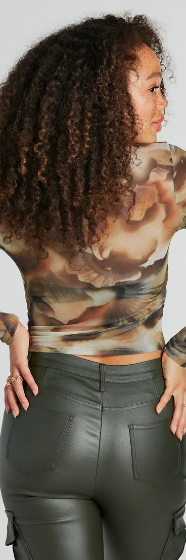 Season To Bloom Abstract Floral Mesh Crop Top