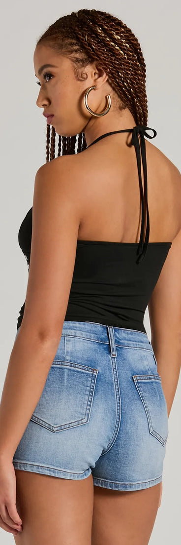 With its midriff cut and trend-forward fit, the Buckle Down Halter V-Neck Crop Top is a black crop top made to pair with skirts, denim, or whatever vibe you're feeling this season.