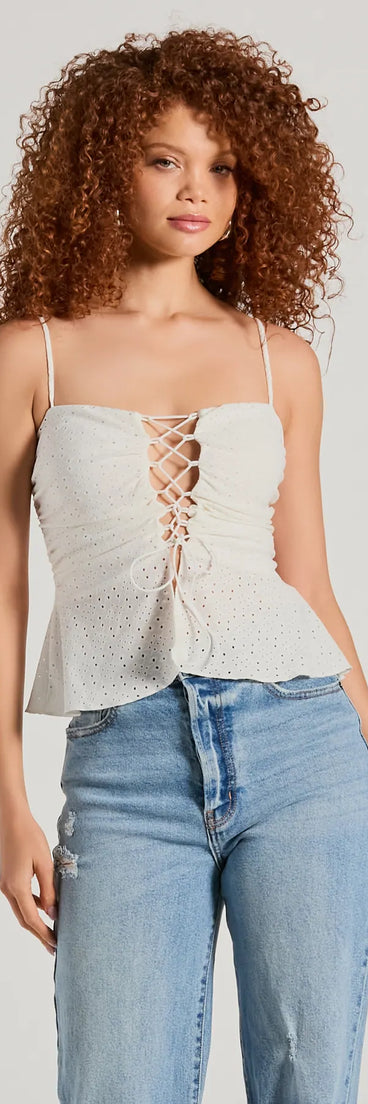 Laced Up Icon Sleeveless Peplum Eyelet Crop Top