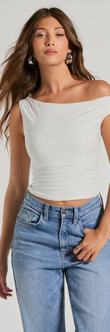 The Confident Flirt One-Shoulder Crop Top in off-white with a modern design and trendy look is part of the latest women's tops collection to elevate your 2025 wardrobe.