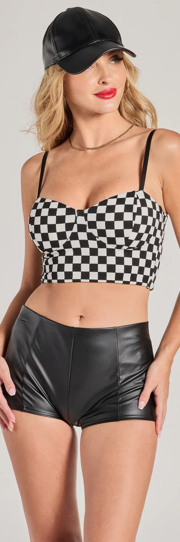 The Checkered Champion Cropped Bustier in black with a modern design and trendy look is part of the latest women's tops collection to elevate your 2025 wardrobe.