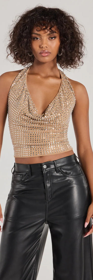You found a nude sparkly top made for unforgettable nights—turn heads effortlessly and feel fabulous doing it in the Glitzy Chic Cropped Rhinestone Halter Top .