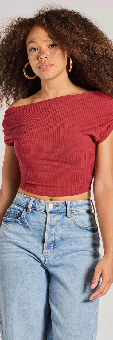 The Elevated Fave One-Shoulder Short Sleeve Top in rust with a modern design and trendy look is part of the latest women's tops collection to elevate your 2025 wardrobe.