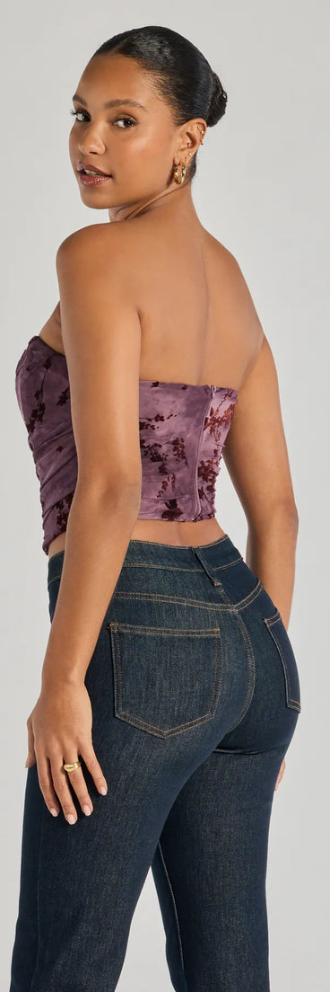 The party-ready Floral Passion Ruched Cropped Corset Top is a plum going-out top showcasing a seasonal color and modern silhouette to create outfits for date nights, cocktail parties, or clubwear.