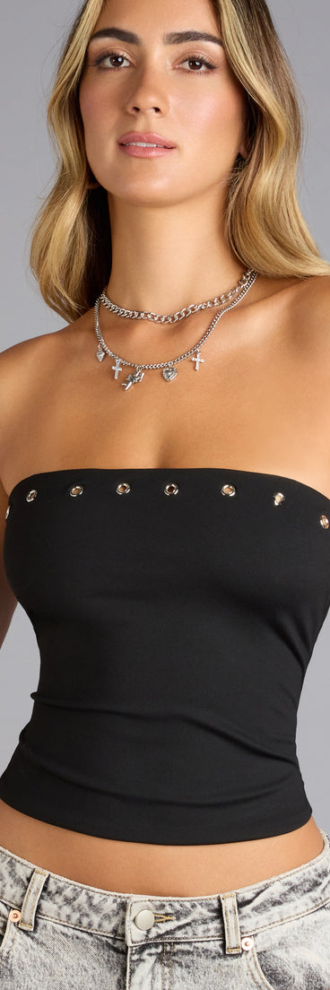 This trendy top is perfect for layering or standing out solo—your go-to piece for party outfits or easy celebration-ready styling in the Edge Appeal Studded Tube Top .