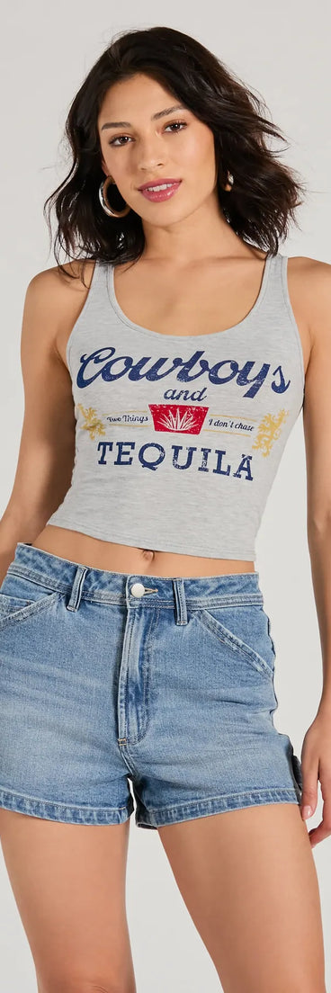The Cowboys And Tequila Graphic Tank Top in gray with a modern design and trendy look is part of the latest women's tops collection to elevate your 2025 wardrobe.