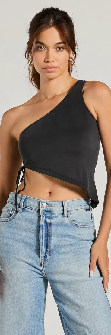 The Mentionable Flirt One-Shoulder Asymmetrical Crop Top in black with a modern design and trendy look is part of the latest women's tops collection to elevate your 2025 wardrobe.