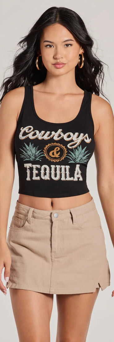 The Cowboys And Tequila Sleeveless Graphic Crop Top in black with a modern design and trendy look is part of the latest women's tops collection to elevate your 2025 wardrobe.
