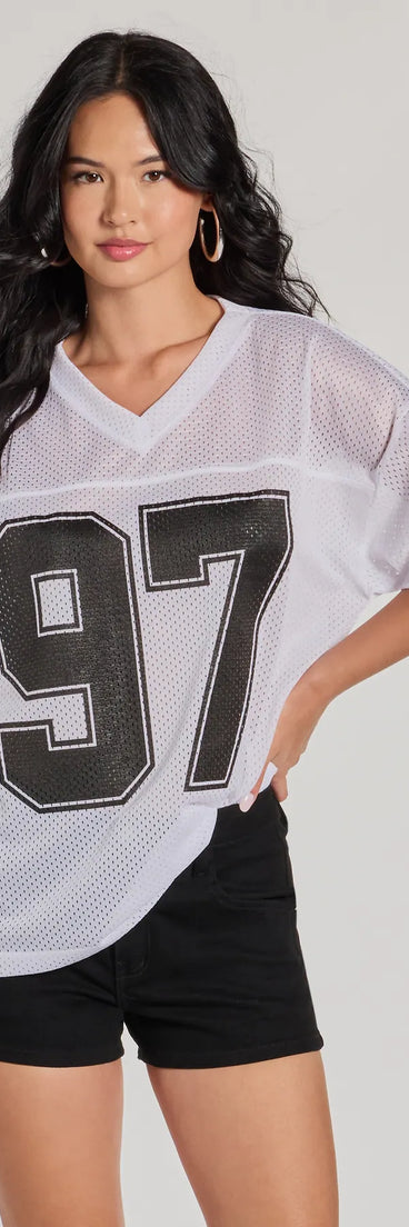 The Sporty Babe 97 Oversized Jersey Tee in white with a modern design and trendy look is part of the latest women's tops collection to elevate your 2025 wardrobe.