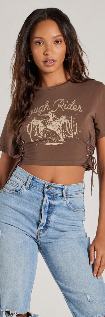 The Rough Rider Lace-Up Graphic Tee in brown with a modern design and trendy look is part of the latest women's tops collection to elevate your 2025 wardrobe.