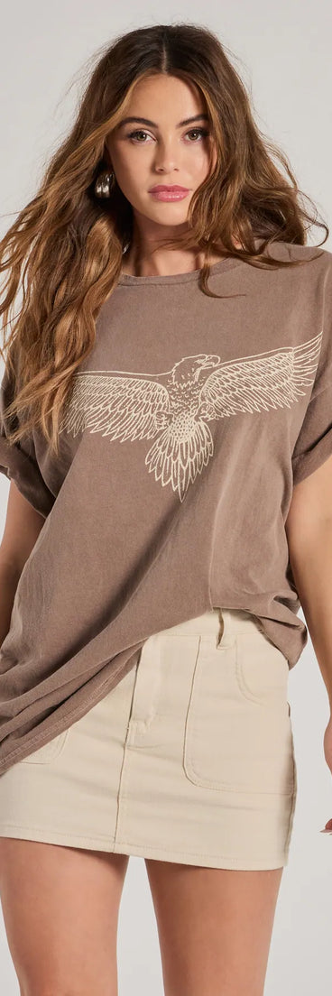 The Edgy Trend Eagle Oversized Graphic Tee in brown with a modern design and trendy look is part of the latest women's tops collection to elevate your 2025 wardrobe.