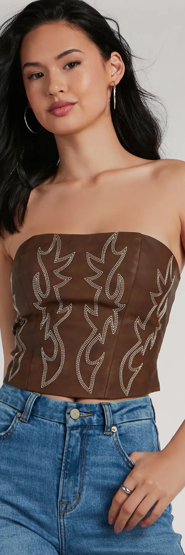 The waist-defining bodice style of the Cute Country Look Western Faux Leather Corset Top in brown is perfect for making a statement with your outfit and provides the structure, molded cups, or lace-up details that capture the corset trend