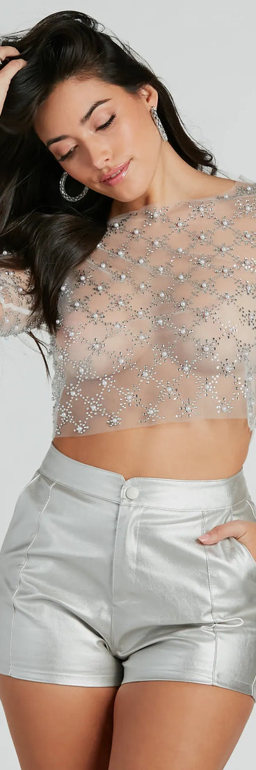 Details Matter Rhinestone Faux Pearl Mesh Crop Top