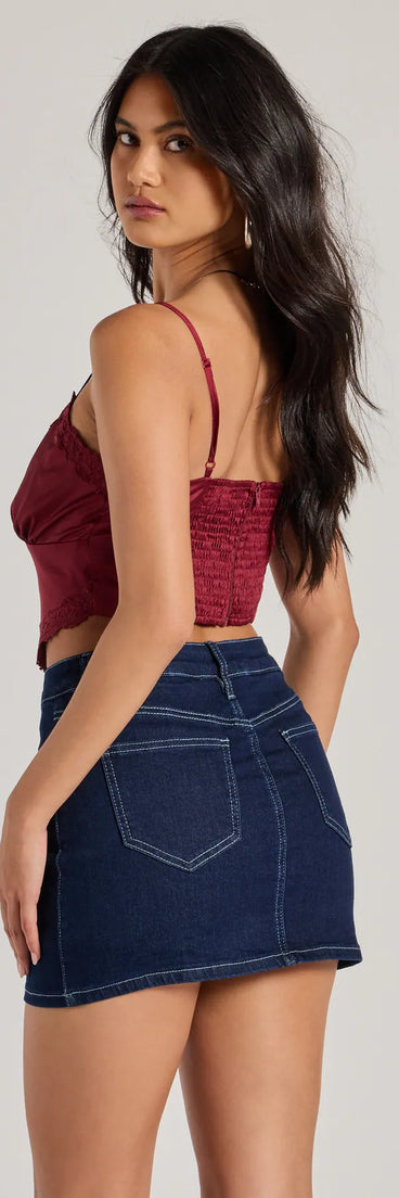 The Romance In The Air Lace Trim Satin Cami Crop Top in raisin purple with a modern design and trendy look is part of the latest women's tops collection to elevate your 2025 wardrobe.