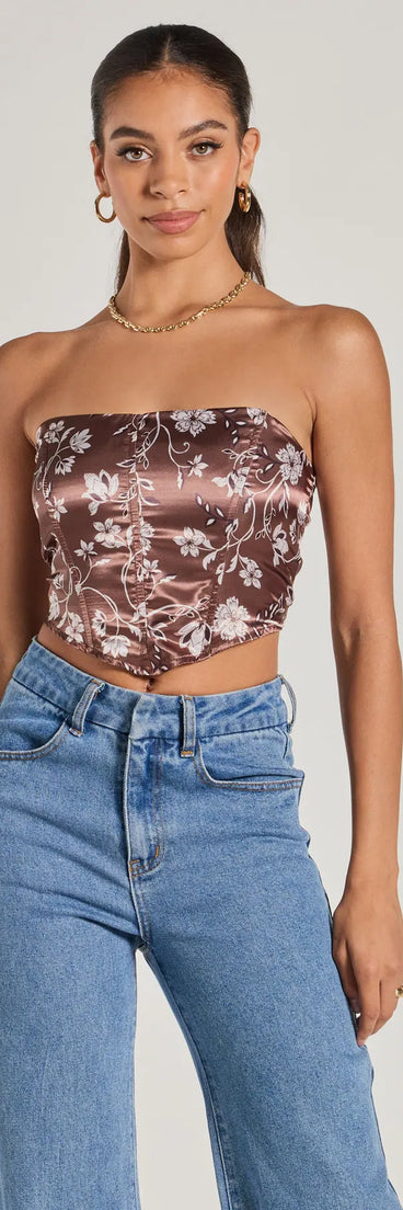 The Chic Sheen Floral Satin Strapless Corset Top in brown with a modern design and trendy look is part of the latest women's tops collection to elevate your 2025 wardrobe.