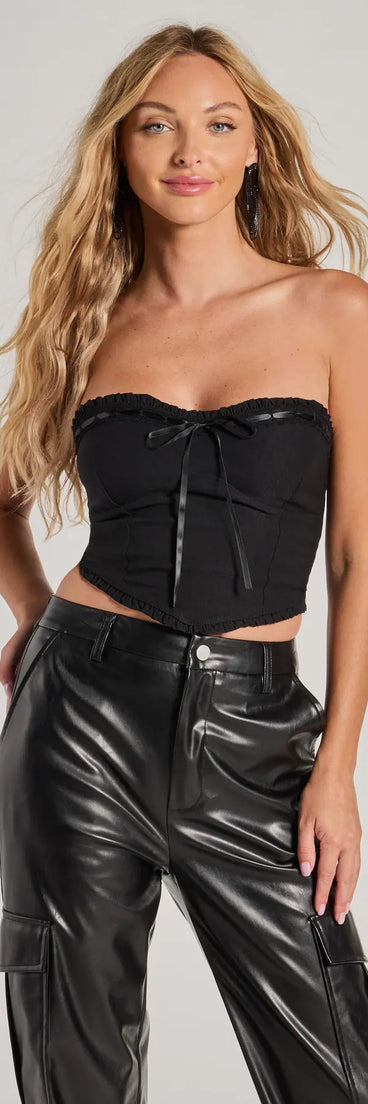 The Sweet and Sultry Cropped Ribbon Corset Top in black with a modern design and trendy look is part of the latest women's tops collection to elevate your 2025 wardrobe.