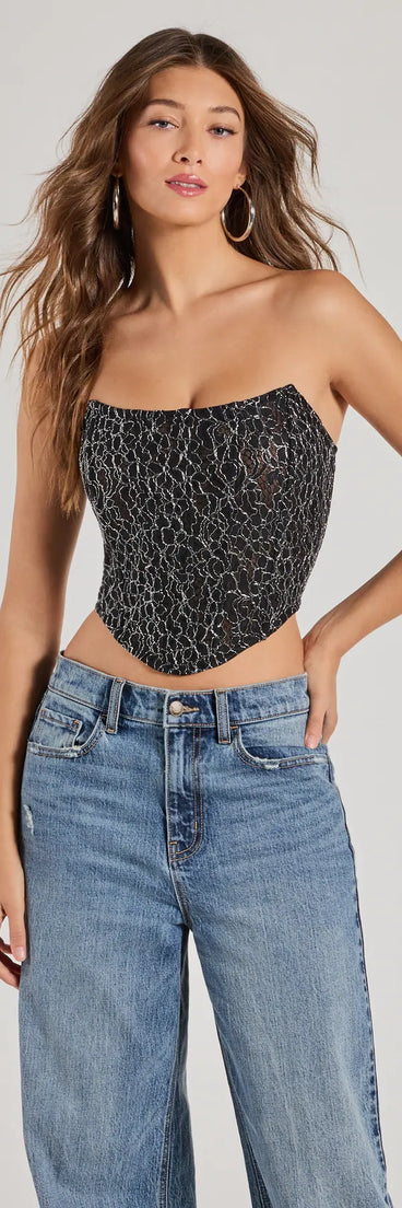 The Sultry Shimmer Lurex Lace Strapless Corset Top in black with a modern design and trendy look is part of the latest women's tops collection to elevate your 2025 wardrobe.