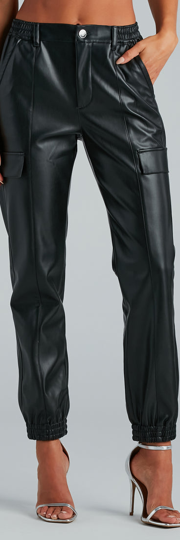 Utilitarian Flare Faux Leather Cargo Joggers