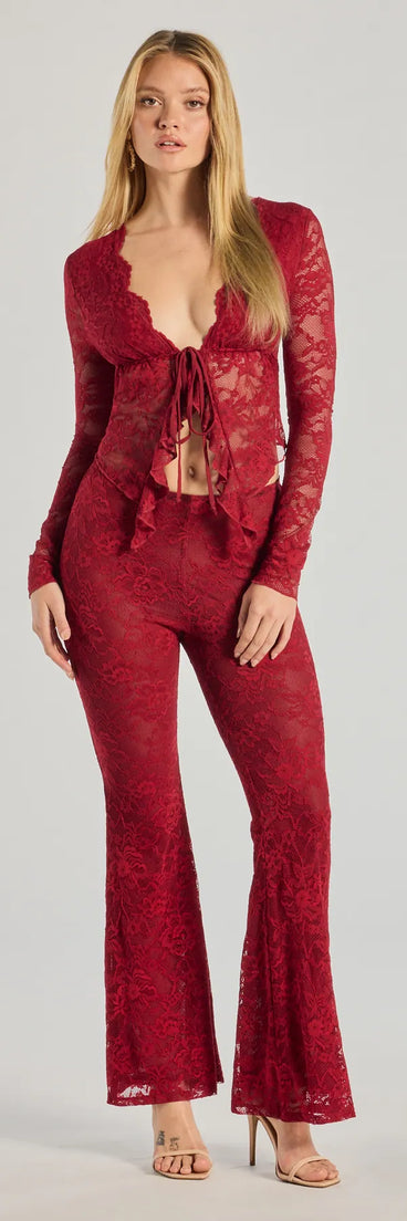 The Delicate Flair Floral Lace Flared Pants is a trendy women's bottom in burgundy, designed with modern details and alluring textures to complete chic outfits for 2025.