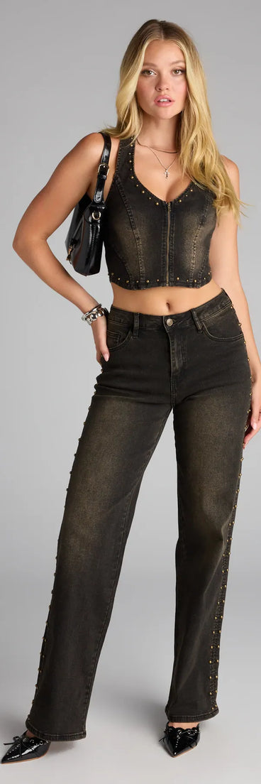 Style up your rotation with the Studded and Snatched Straight Leg Denim Jeans, trendy black jeans made to anchor every outfit with attitude and ease.