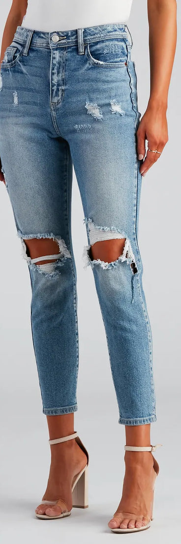 Designed for campus outfits, sleek workwear, and on-the-go moments, the High-Rise Distressed Mom Skinny Jeans are trendy medium denim wash bottoms for women bringing effortless versatility.