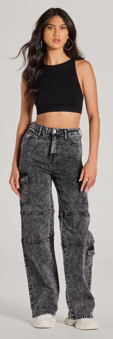 Trendy black cargo pants like the Cool Captured High Rise Cargo Denim Jeans bring casual utility style to everyday and off-duty looks.