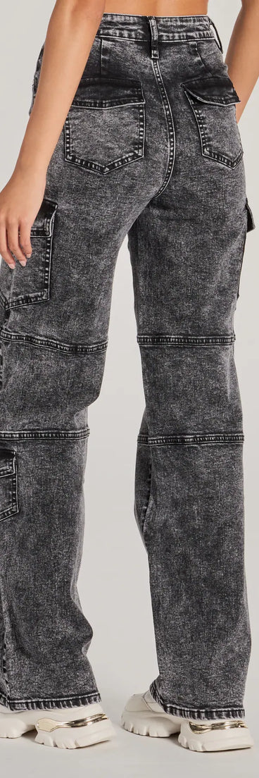 The Cool Captured High Rise Cargo Denim Jeans is a trendy women's bottom in black, designed with modern details and alluring textures to complete chic outfits for 2026.