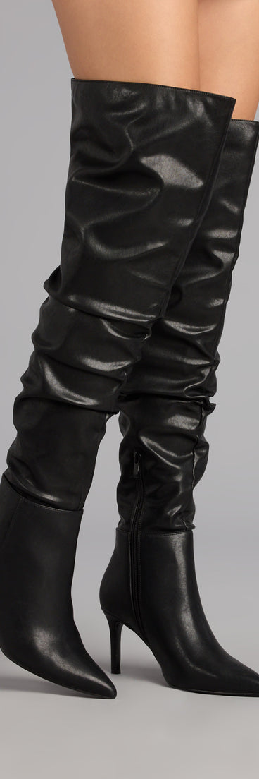 Style made simple with the Season’s Sleek Thigh-High Stiletto Boots, trendy women’s shoes that take your outfit from basic to bold in one step.